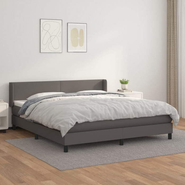 vidaXL Pat box spring cu saltea, gri, 160x200 cm, piele ecologică