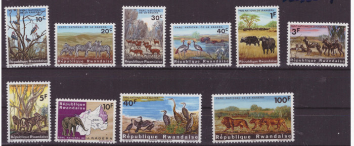 199-RUANDA-1965-ANIMALE DIN AFRICA Serie de 10 timbre ** parcul de la KAGERA MNH