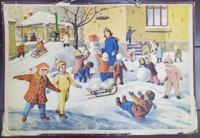 JOCURILE COPIILOR IN TIMPUL IERNII , grafica de D. CERDACESCU , PLANSA DIDACTICA NR. 89 , 1967 foto