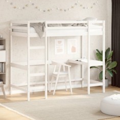 Cadru pat supraetajat cu birou, alb, 100x200 cm, lemn masiv pin