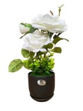 Trandafir alb artificial in ghiveci ceramic negru, 11x35 cm