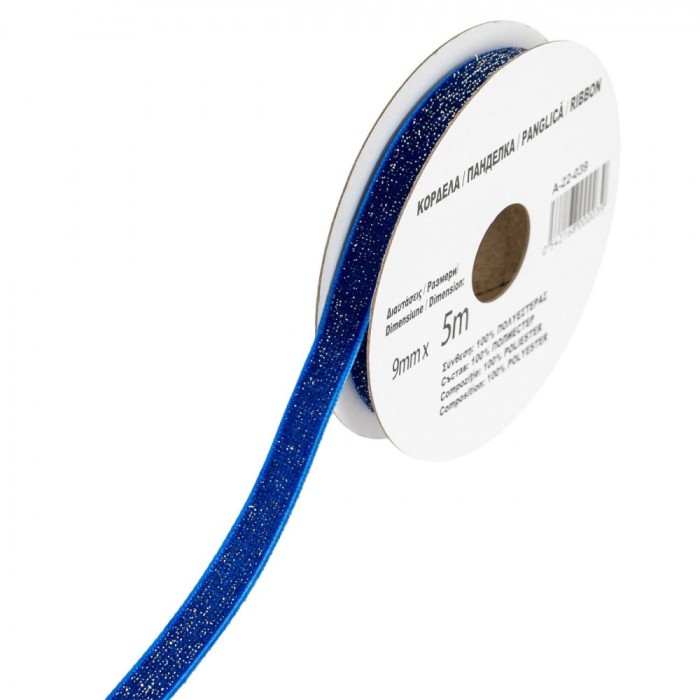 Panglică Decorativă Crăciun, Model Catifelat, Culoare Albastru, Glitter Auriu, Dimensiune 5m x 9mm