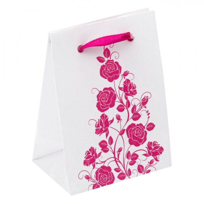 Pungă Cadou Kraft, Model Flori, Fucsia, 6x4x8cm