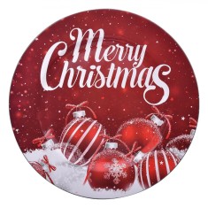 Platou Decorativ Crăciun, Rotund, Plastic, Culoare Roșu, Diametru 33cm, Model Globuri Roșii, Text Merry Christmas