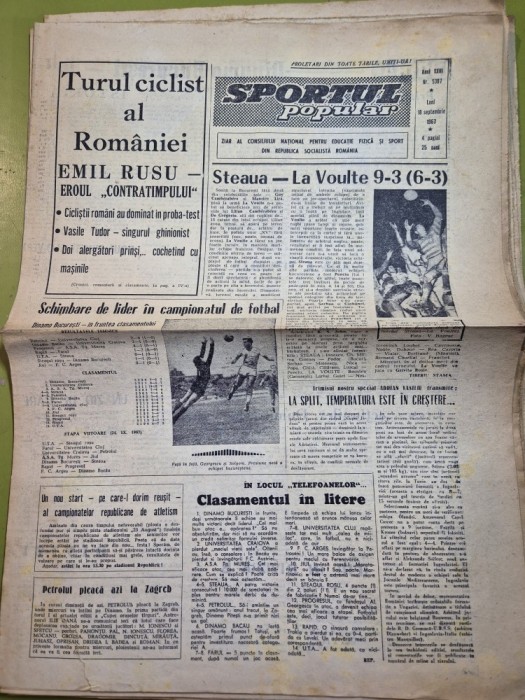 ziarul sportul popular 18 septembrie 1967 - dinamo bucuresti liderul campionatului de fotbal,emil ruscu ciclism turul romaniei