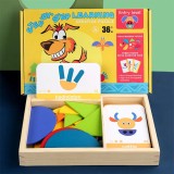Joc educativ tangram magnetic din lemn, nivel &icirc;ncepător, cu cărți &icirc;n limba engleză, v&acirc;rsta 3+ ani