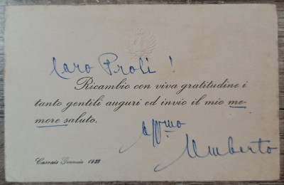 Felicitare cu semnatura Regelui Umberto al II-lea, ultimul rege al Italiei foto