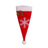 Husa decorativa festiva pentru 3 tacamuri flippy, model caciulita cu fulg, material textil si poliester, 18 x 7 cm, rosu