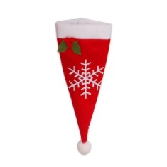 Husa decorativa festiva pentru 3 tacamuri flippy, model caciulita cu fulg, material textil si poliester, 18 x 7 cm, rosu