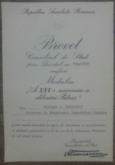 Brevet Medalia a XXV-a aniversare a eliberarii Patriei// 1969 foto