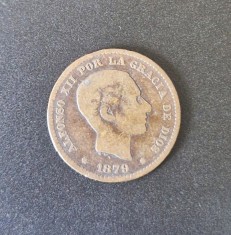 Spania 5 Centimos 1879 moneda din bronz km # 674