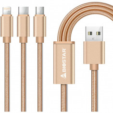 Cablu USB 2.0 - Lightning Micro USB si USB TYPE C 2.1A panzat auriu 1.2m Biostar