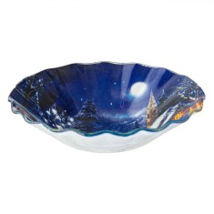 Bol Crăciun Sticlă, Noapte Albastră, Margine Valuroasă, Capacitate 290 ml, Diametru 15 cm, &Icirc;nălțime 3.5 cm