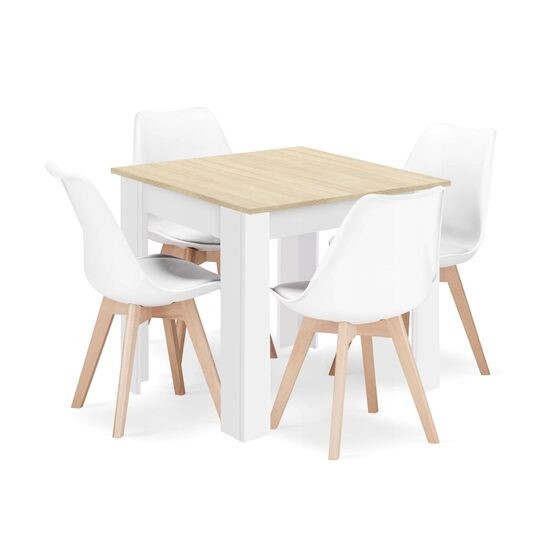 Set masa pentru sufragerie/living + 4 scaune Mark alb, Artool, lemn, stejar sonoma si alb, 80x80x75 cm