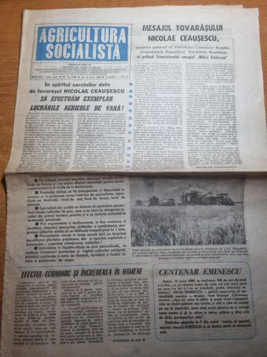 ziarul agricultura socialista 15 iunie 1989-100 ani de la moartea lui m.eminescu