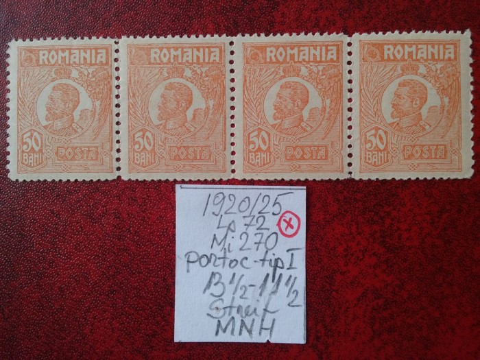 1920- Romania- Ferd. b. mic Mi270-portoc.tip I-streif de 4-MNH-RAR