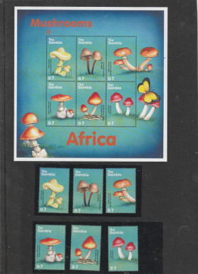 Gambia 2000-Flora,Ciuperci,serie 6 val.si bloc 6 valori,MNH.Mi.3622-7,3622-7KB foto