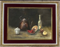 Tablou semnat Natura statică pictura in ulei pe p&acirc;nză inramat rama lemn 71x90cm