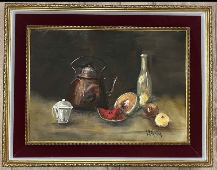 Tablou semnat Natura statică pictura in ulei pe p&acirc;nză inramat rama lemn 71x90cm