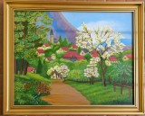 Tablou PEISAJ DE PRIMAVARA, dimensiune cu rama 57x47 cm, pictat in ulei pe panza