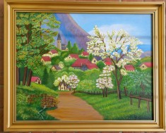 PEISAJ DE PRIMAVARA, tablou pictat in ulei pe panza, dimensiune cu rama din lemn 57x47 cm