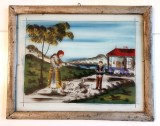 Pictura pe sticla, scena rurala, stil naiv, tehnica populara traditionala decorativa, 35&times;28 cm, cu rama, Scene gen, Ulei, Altul