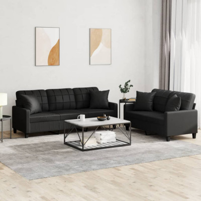 Set de canapele cu perne, 2 piese, negru, piele ecologică foto
