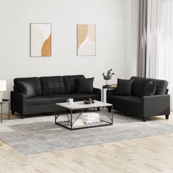 Set de canapele cu perne, 2 piese, negru, piele ecologică