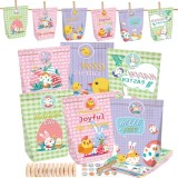 Set de 12 pungi cadou pentru Paste cu autocolante si clipsuri Wellxunk, hartie/lemn, multicolor, 23 x 12 x 5,5 cm