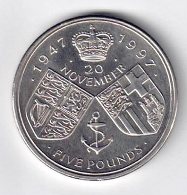 UK ANGLIA 5 POUNDS LIRE 1947 1997 50 ANI DE LA CASATORIE STARE AUNC foto