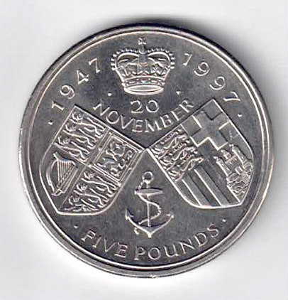 UK ANGLIA 5 POUNDS LIRE 1947 1997 50 ANI DE LA CASATORIE STARE AUNC