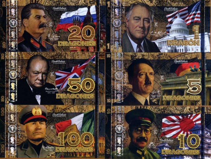 !!! COLUMBIA , CLUB DE LA MONEDA MEDELLIN - LIDERII WW II , 1-5-10-20-50-100 DRAGONES 2015 - UNC