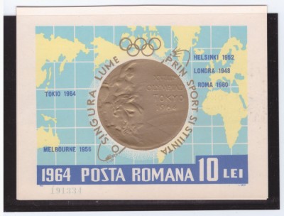RO-217-ROMANIA 1964=Lp n597-Medalia olimpiadei de la Tokio-colita nedantelata foto
