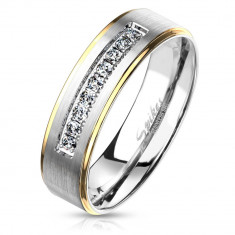 Inel din oțel inoxidabil, nuanță aurie și argintie, zirconii transparente, 6 mm - Marime inel: 52