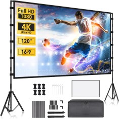 Ecran Proiectie cu Trepied 120 inch, 4K Ultra HD, 16:9, Unghi 160&deg;, Portabil, Usor de Instalatat, Interior/Exterior, Geanta, Aluminiu, Negru