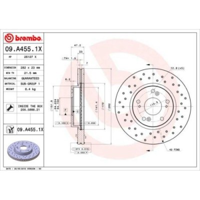 Set discuri frana Honda Civic Ix Sedan (Fb), Civic 8 Hatchback (Fn, Civic 8 Sedan (Fd, Civic X Sedan (Fc ), Fr-V (Be), punte fata, 282x23, BREMBO foto