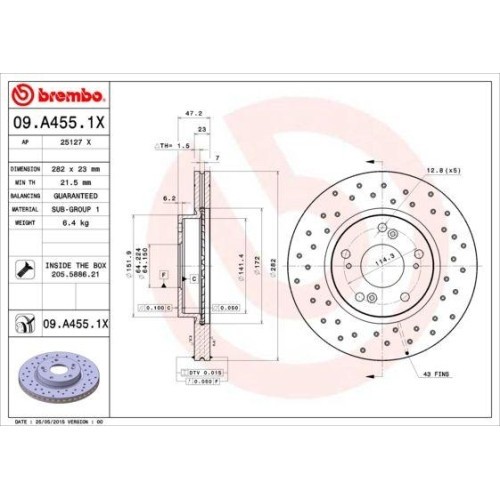 Set discuri frana Honda Civic Ix Sedan (Fb), Civic 8 Hatchback (Fn, Civic 8 Sedan (Fd, Civic X Sedan (Fc ), Fr-V (Be), punte fata, 282x23, BREMBO