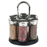 Set 6 Recipiente Condimente cu Suport Rotativ, Sticlă și Plastic, Negru. Organizare Bucătărie Eficientă. 15x21cm
