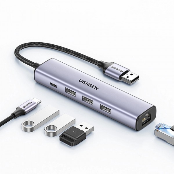 Hub USB UGREEN CM475, 3 x USB-A 3.0 - 1 x USB-C - 1 x RJ45, Gri