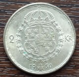 (A908) MONEDA DIN ARGINT SUEDIA - 2 KRONOR 1950, LIT. TS, REGELE GUSTAV V, Europa