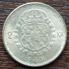 (A908) MONEDA DIN ARGINT SUEDIA - 2 KRONOR 1950, LIT. TS, REGELE GUSTAV V