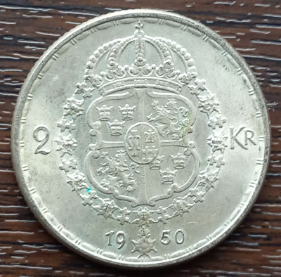 (A908) MONEDA DIN ARGINT SUEDIA - 2 KRONOR 1950, LIT. TS, REGELE GUSTAV V foto