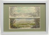 Toader Schipor 1959 Tablou cu 2 Peisaje picturi &icirc;n acuarele si creion &icirc;nrămată 23x32cm
