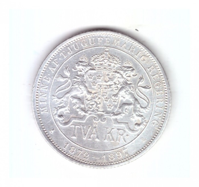 Moneda Suedia 2 kronor/coroane 1897, jubileul de argint, stare buna, curata