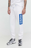 HUGO Blue pantaloni de trening din bumbac culoarea alb, cu imprimeu 50522365