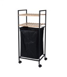 Raft Baie Mobil cu 2 Polite Bambus &amp; Cos Rufe 40L - Organizator Economie Spatiu, Cadru Metalic Negru, Roti Pivotante 86.5cm