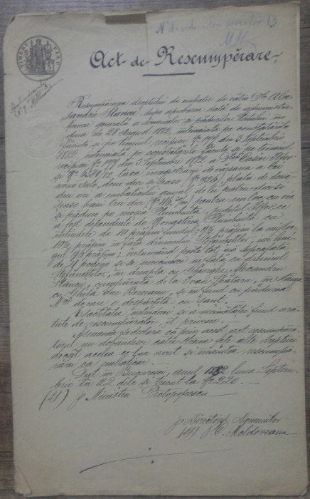Act de rascumparare a dreptului de embatic/ teren Plumbuita, Ilfov, 1882
