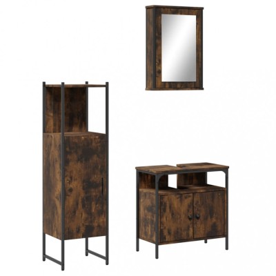 Set mobilier de baie, 3 piese, stejar fumuriu, lemn prelucrat foto