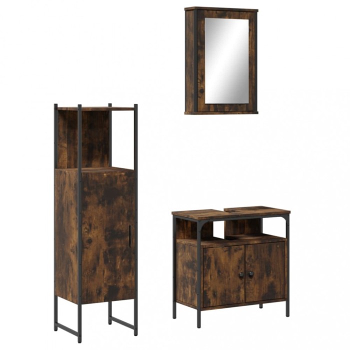 Set mobilier de baie, 3 piese, stejar fumuriu, lemn prelucrat