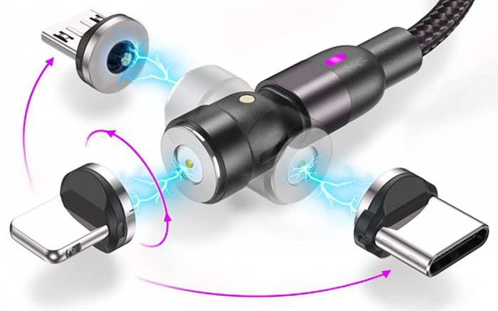 Cablu de incarcare magnetic Statik 360, USB C, Micro USB, 3 in 1